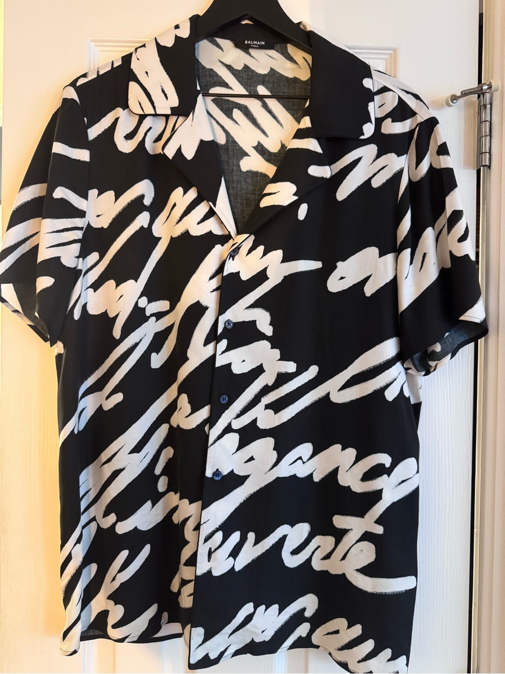 Balmain Black & White Script-Print Short Sleeve Button-Up Shirt